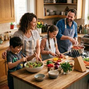 Detail of family preparing a meal