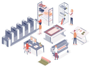Isometric graphic  image of a print shop workflow